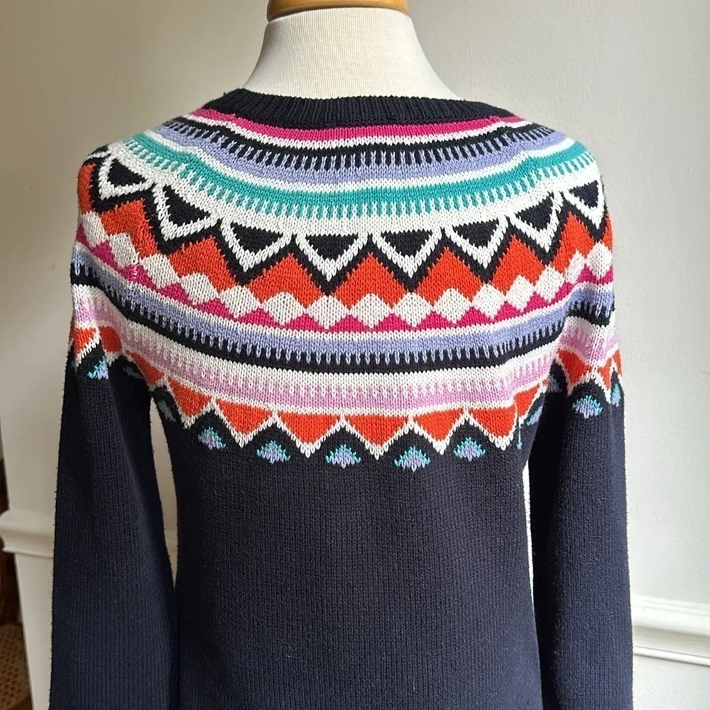Talbots Fair Isle Sweater Crew Navy Pink Orange medium EUC